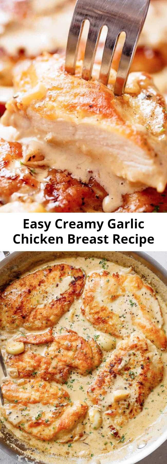Easy Creamy Garlic Chicken Breast Recipe - Lightly floured boneless chicken breasts are pan fried in until golden and crispy before being added to a mouth-watering garlic cream sauce! Filled with caramelized flavour, you will LOVE how easy this is!