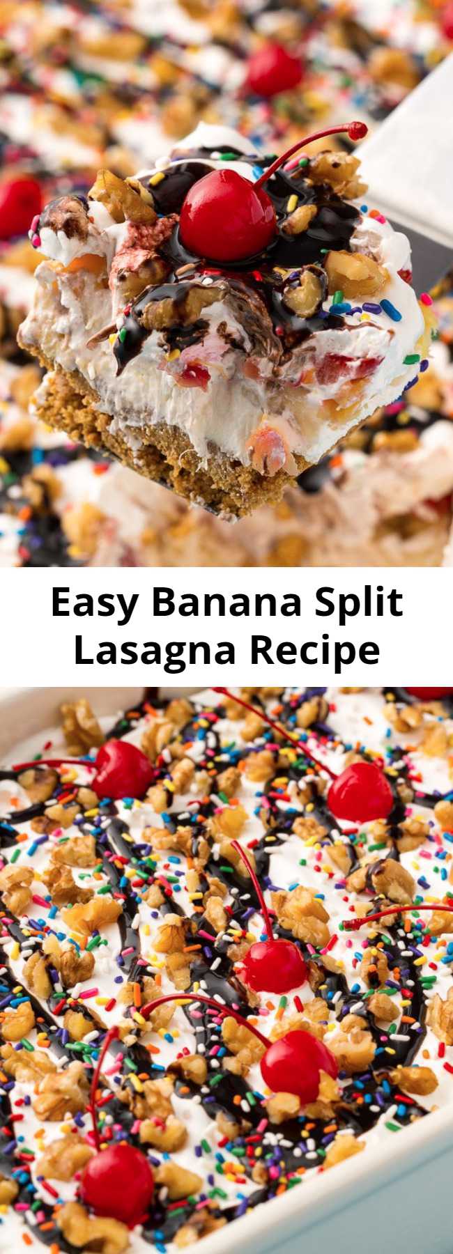 Easy Banana Split Lasagna Recipe - Looking for a fun summer dessert? This Banana Split Lasagna is the best! This no-bake dessert is hands down the most fun way to eat a banana split.