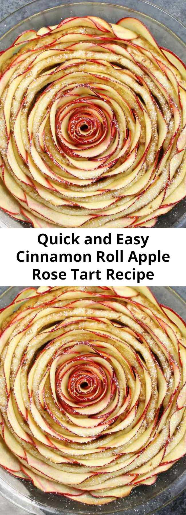 Quick and Easy Cinnamon Roll Apple Rose Tart Recipe - Wow your guests with this beautiful Cinnamon Roll Apple Rose Tart. It’s so easy to make and perfect for a party! Made with fresh apples. All you need is only 5 simple ingredients: cinnamon roll dough, red apples, lemon juice, brown sugar and butter. So beautiful! Quick and easy recipe.