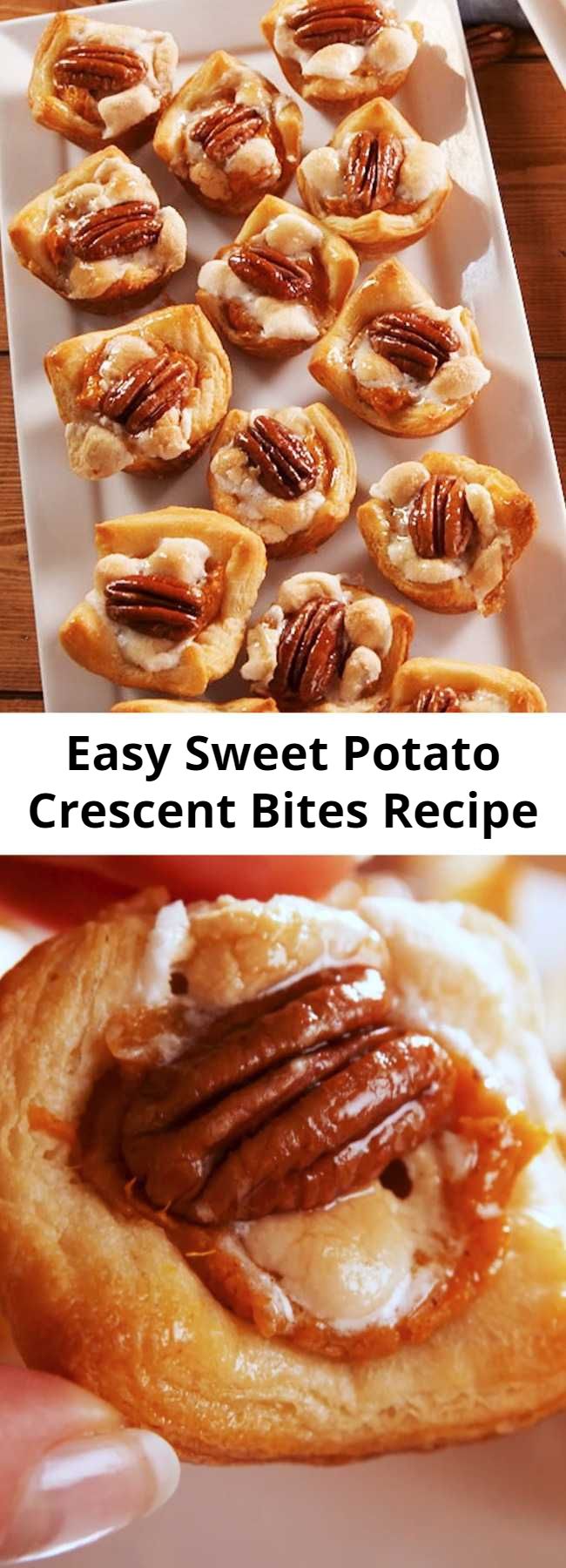 Easy Sweet Potato Crescent Bites Recipe - A guarantee: You will NOT be able to stop eating these little guys. They're the perfect amount of sweet and savory, so you can serve them before or after the big meal! Sweet Potato Crescent Bites from Delish.com are a great appetizer for this Thanksgiving. #easy #recipe #thanksgiving #holiday #app #appetizer #fingerfoods #Pecan #crescentrolls #sweetpotato #potato #marshmallows #minimarshmallows #quick