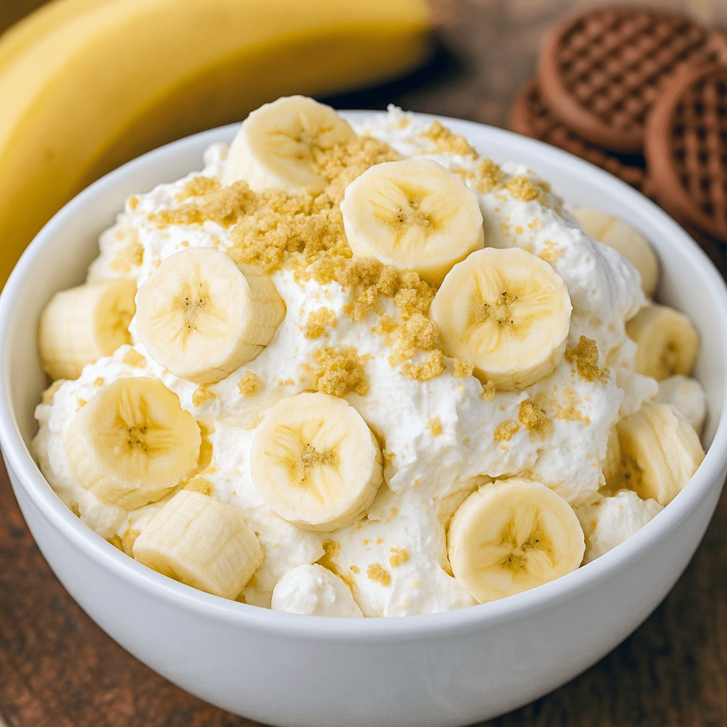 Glass bowl of banana pudding fluff layered with vanilla wafers, sliced bananas, and mini marshmallows, topped with a whole wafer.