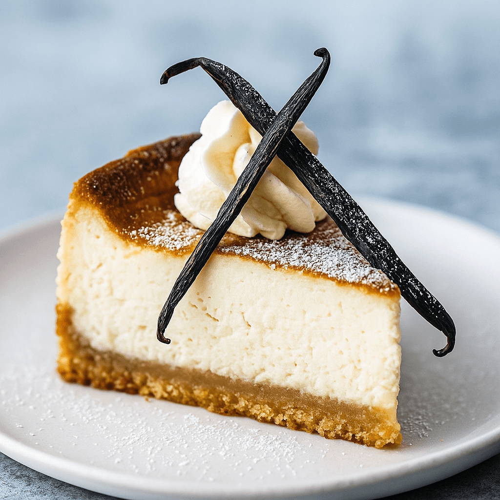 Slice of brown sugar cheesecake with visible vanilla bean specks, glossy brown-butter sheen, and toasted nut garnish on a white plate.