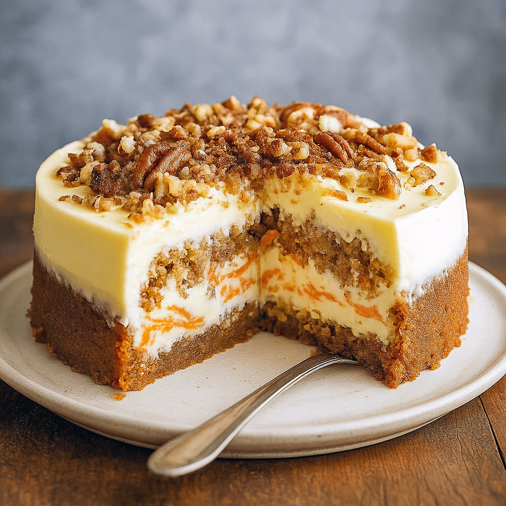 A decadent Carrot Cheesecake Recipe featuring a moist carrot cake base and creamy cheesecake topping. This Carrot Cheesecake dessert shows off a beautiful Cheesecake And Cake Layer, making it the perfect Carrot Cake Cheesecake Recipe for holidays. Garnished with nuts and cream, it’s like a Cream Cheese Carrot Cake but elevated into a rich Layered Cheesecake. Ideal for those looking for a Carrot Cake Cheesecake Recipe Easy, or fun variations like Carrot Cake Cheesecake Cupcakes baked from a Carrot Cake Recipe Homemade.