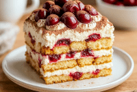 Close-up of layered Cherry Tiramisu Recipe with mascarpone cream, espresso-soaked ladyfingers, and fresh cherries — a decadent Amaretto Tiramisu Recipe perfect for Italian Night Desserts, Amaretto Desserts, or a fruity take like Cherry Almond Tiramisu.