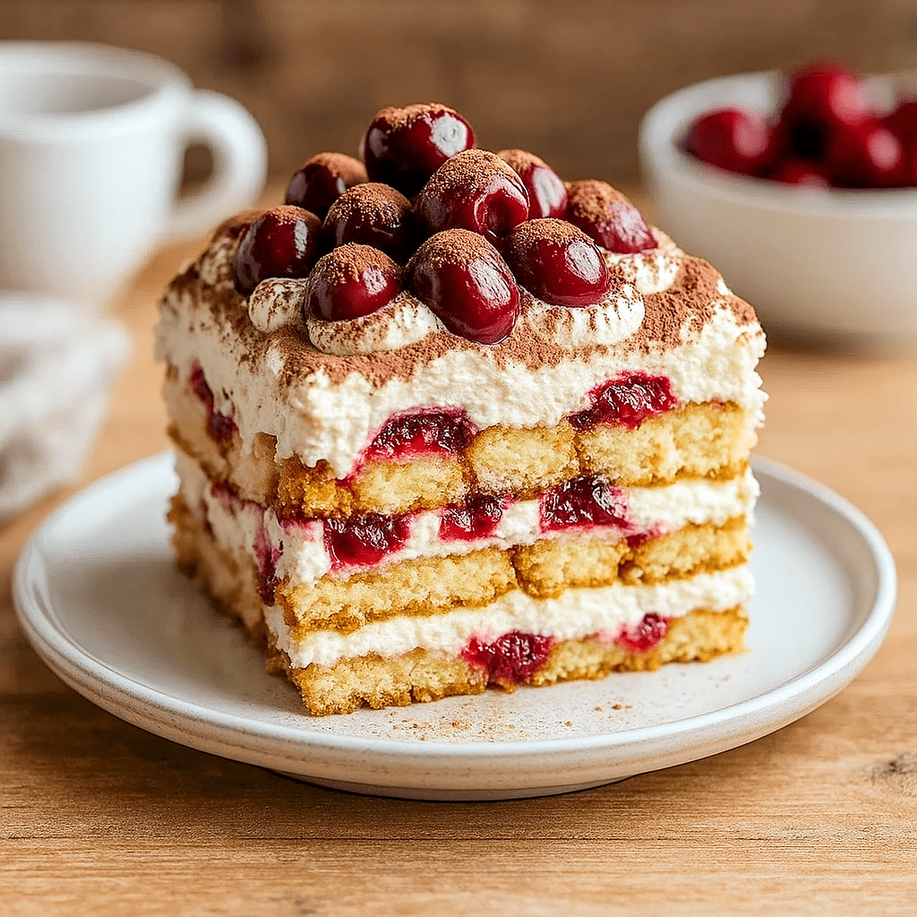 Close-up of layered Cherry Tiramisu Recipe with mascarpone cream, espresso-soaked ladyfingers, and fresh cherries — a decadent Amaretto Tiramisu Recipe perfect for Italian Night Desserts, Amaretto Desserts, or a fruity take like Cherry Almond Tiramisu.