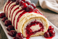 A beautifully sliced Cherry Cheesecake Cake Roll topped with cherries and dusted with powdered sugar, showing creamy layers of cheesecake filling inside this Cherry Roll Cake — the perfect Festive Cherry Cheesecake for any celebration.