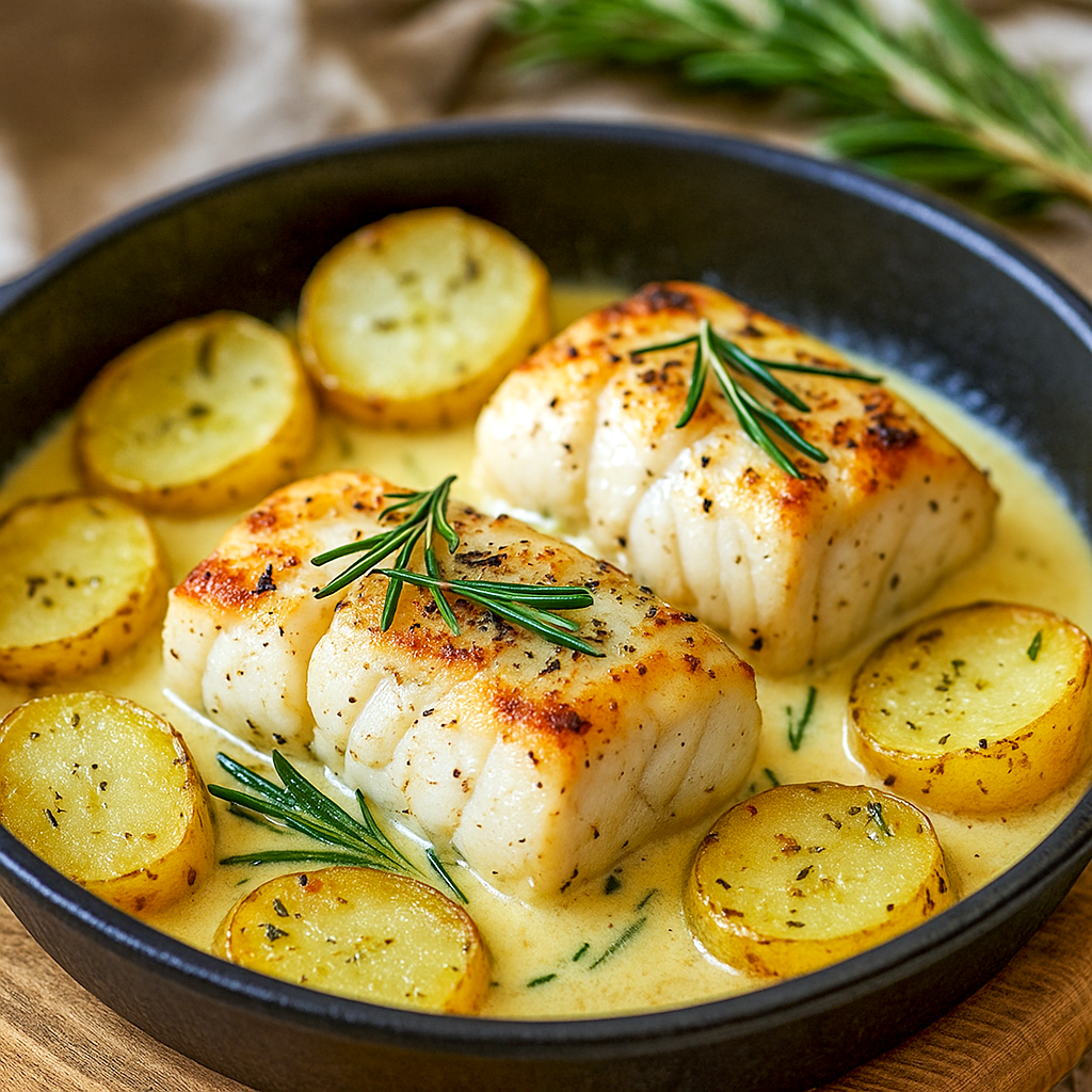 A golden baked dish of Cod With Rosemary Cream Sauce nestled with tender potatoes, topped with fresh parsley, and finished with lemon zest—an elegant weeknight dinner that’s part of One Pot Cod Recipes and perfect for anyone searching for Dinner Ideas With Capers or simple yet Elevated Food Recipes.