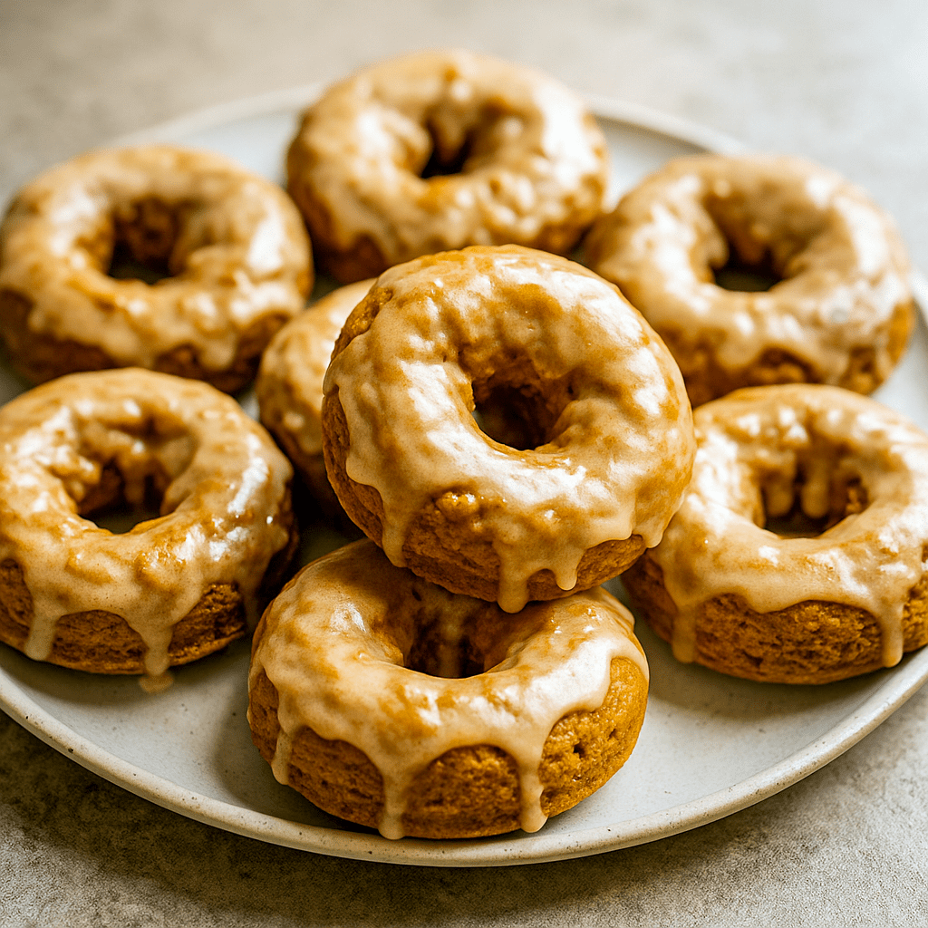 Golden Baked Donuts made with pumpkin, topped with shiny maple Donut Glaze—a cozy Homemade Donuts Recipe perfect for Fall Baking Recipes, Pumpkin Dessert lovers, and anyone looking for festive Herbst Rezepte or sweet Pumpkin Recipes Dessert ideas.