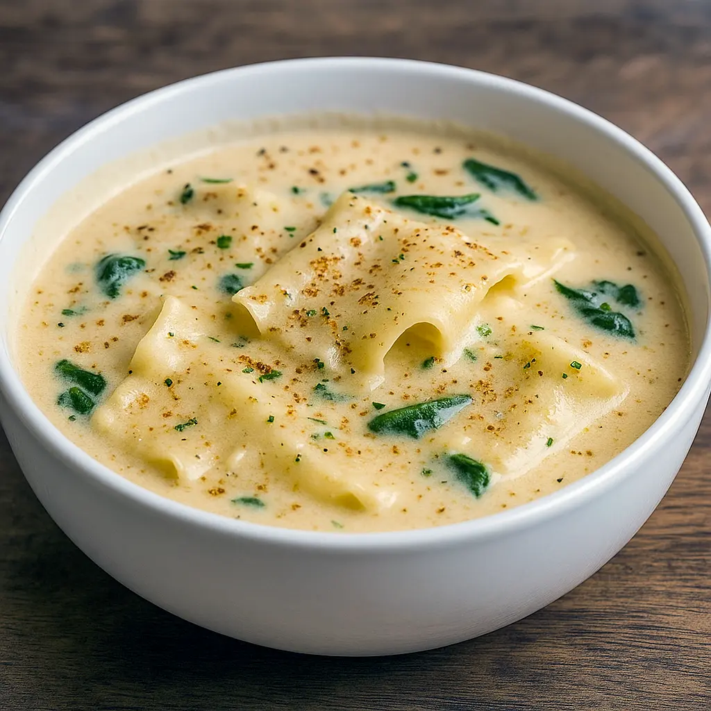 Bowl of creamy Alfredo lasagna soup topped with ricotta and parsley, perfect for Soup Buffet Ideas Parties, inspired by Award Winning Soup Recipes, hearty like Pumpkin Soup With Gorgonzola, cozy as Garlic Scape Soup, comforting as Herb Garnished Chicken Soup, and ideal for Soup Party Ideas. A must-try Fall-themed Soup Recipe for fans of Soups and dishes like Cooking Classy Tortellini Soup.