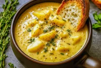 A bowl of creamy Cheddar Garlic Potato Soup garnished with fresh herbs and crispy bacon, showcasing a Hearty Cheddar Garlic Herb Potato Soup perfect for fall.