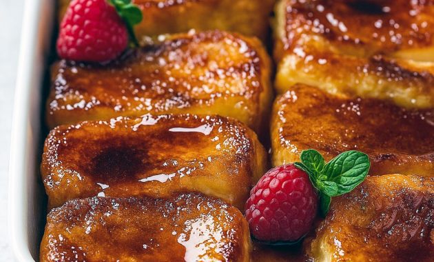 Golden crème brûlée French toast casserole with caramelized top, fresh berries, and powdered sugar on a white serving plate.