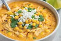 A creamy bowl of Mexican Crockpot Soup topped with queso fresco, cilantro, and lime wedges—comforting, colorful, and perfect for Yummy Fall Soups or Soups For Crowds.