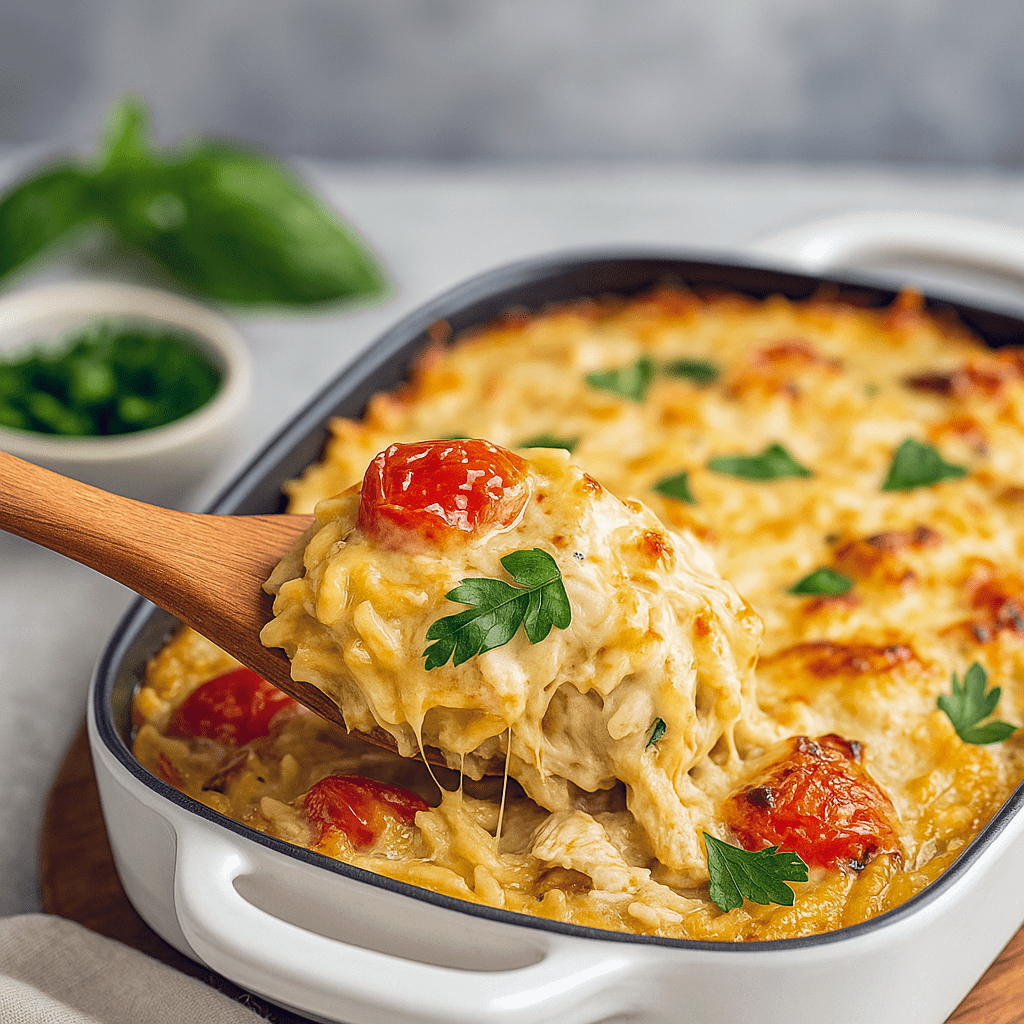 Cheesy and creamy Orzo Tuscan Chicken bake fresh from the oven, perfect Orzo Pasta Casserole with tender chicken, ideal Orzo Baked Chicken and Chicken Orzo Pasta Bake for a comforting family meal, easy Easy Dinner Recipes Oven Bake, delicious Orzo Chicken Bake Recipes and Orzo Pasta Recipes Chicken, Tuscan style Tuscan Chicken With Orzo and Tuscan Chicken And Orzo Recipes.