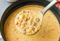 Bowl of Cheesy Italian Sausage Soup with tender potatoes, sausage, and veggies — a creamy Crockpot Potato And Sausage Soup perfect for Comfort Fall Recipes and cozy Fall Time Soups.