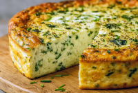 Golden baked cottage cheese & spinach crustless quiche in a pie dish, showing a fluffy, cheesy filling with spinach and veggies — a healthy twist on a classic quiche and one of the best savoury breakfast ideas.