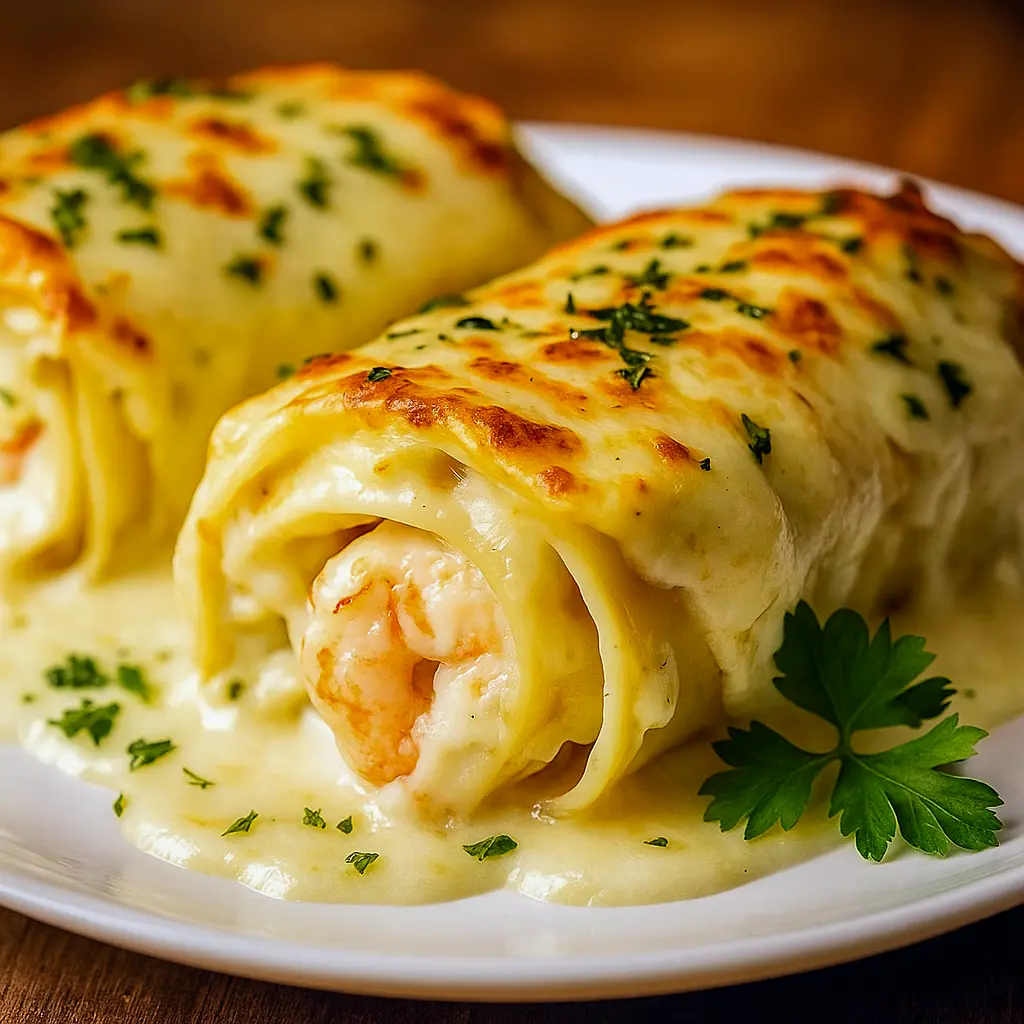 Overhead shot of creamy Seafood Lasagna Roll Ups filled with shrimp, crab, and Alfredo sauce, topped with bubbling mozzarella and Parmesan — a comforting Seafood Dish Recipess perfect for Seafood Dinner Ideas, Seafood Meals, or anyone who loves Gourmet Seafood Recipes like Crab Pasta Recipes and a delicious Shrimp Roll Recipe.