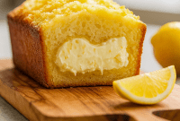 Glazed lemon cream cheese loaf sliced on a cooling rack, topped with lemon zest and a jar of glaze nearby.