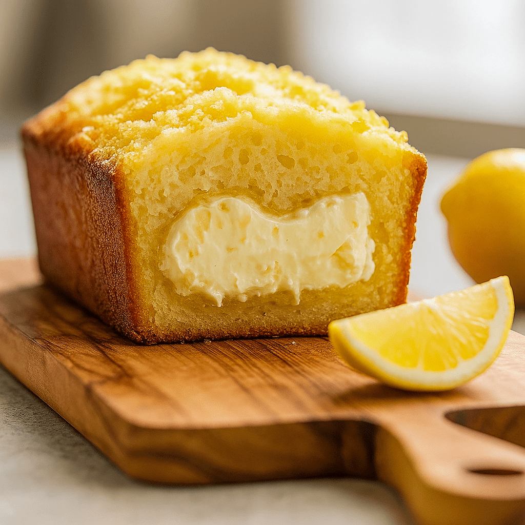 Glazed lemon cream cheese loaf sliced on a cooling rack, topped with lemon zest and a jar of glaze nearby.