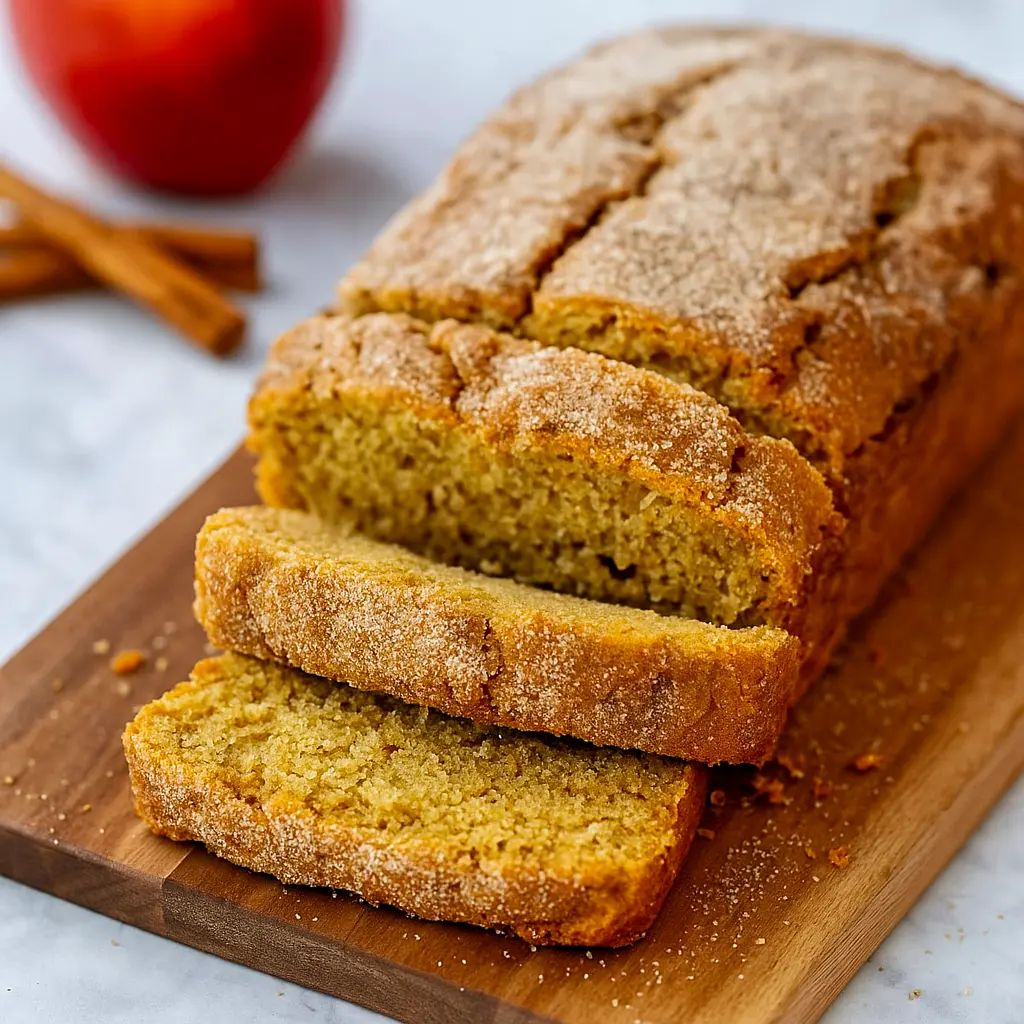 Close-up Of Apple Cinnamon Bread loaf coated in cinnamon sugar, inspired by Apple Cider Donuts — a cozy Apple Cider Donut Bread Recipe that tastes like Farmhouse Apple Fritter Bread With Cider Glaze. Perfect Dessert Bread for fall, great for fans of Bread Recipes Sweet and Bread Recipes Homemade who want to learn How To Make Apple Cider Bread or How To Make Apple Cider Donut Bread at home.