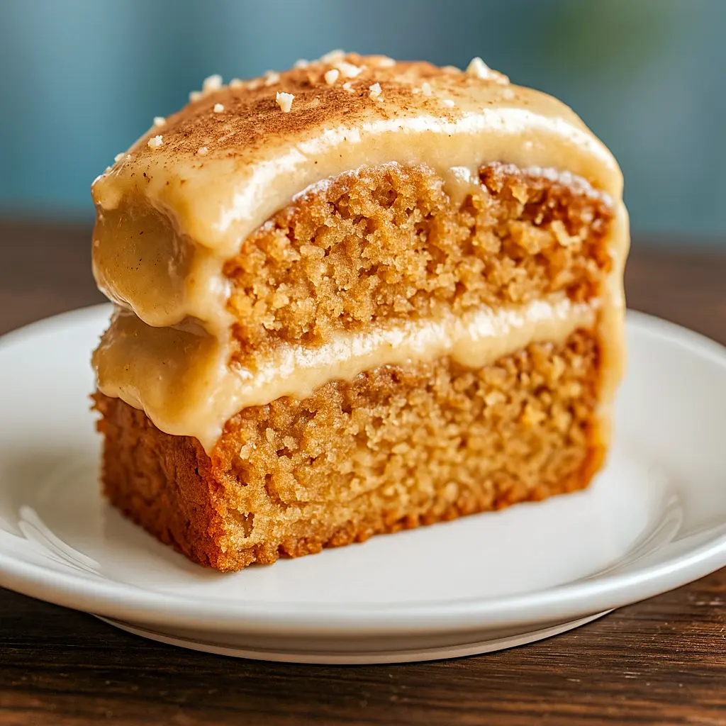 Slice of applesauce spice cake topped with cinnamon cream cheese frosting and chopped pecans on a ceramic plate.