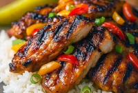 Grilled Huli Huli chicken with glossy pineapple-soy glaze, sliced and served over white rice with grilled pineapple and chopped green onions.