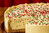 Close-up of a slice of sugar cookie cheesecake showing a golden cookie crust, creamy white filling studded with cookie-dough bits, glossy white-chocolate topping, and festive sprinkles.