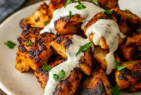 A plate of juicy Chicken Shawarma With Creamy Garlic sliced into strips, topped with a drizzle of creamy garlic sauce, and served with pita, fresh herbs, cucumbers, and tomatoes — a flavorful Protein Based Dinner and one of the best Grilled Chicken Shawarma Recipe ideas for easy weeknight meals.
