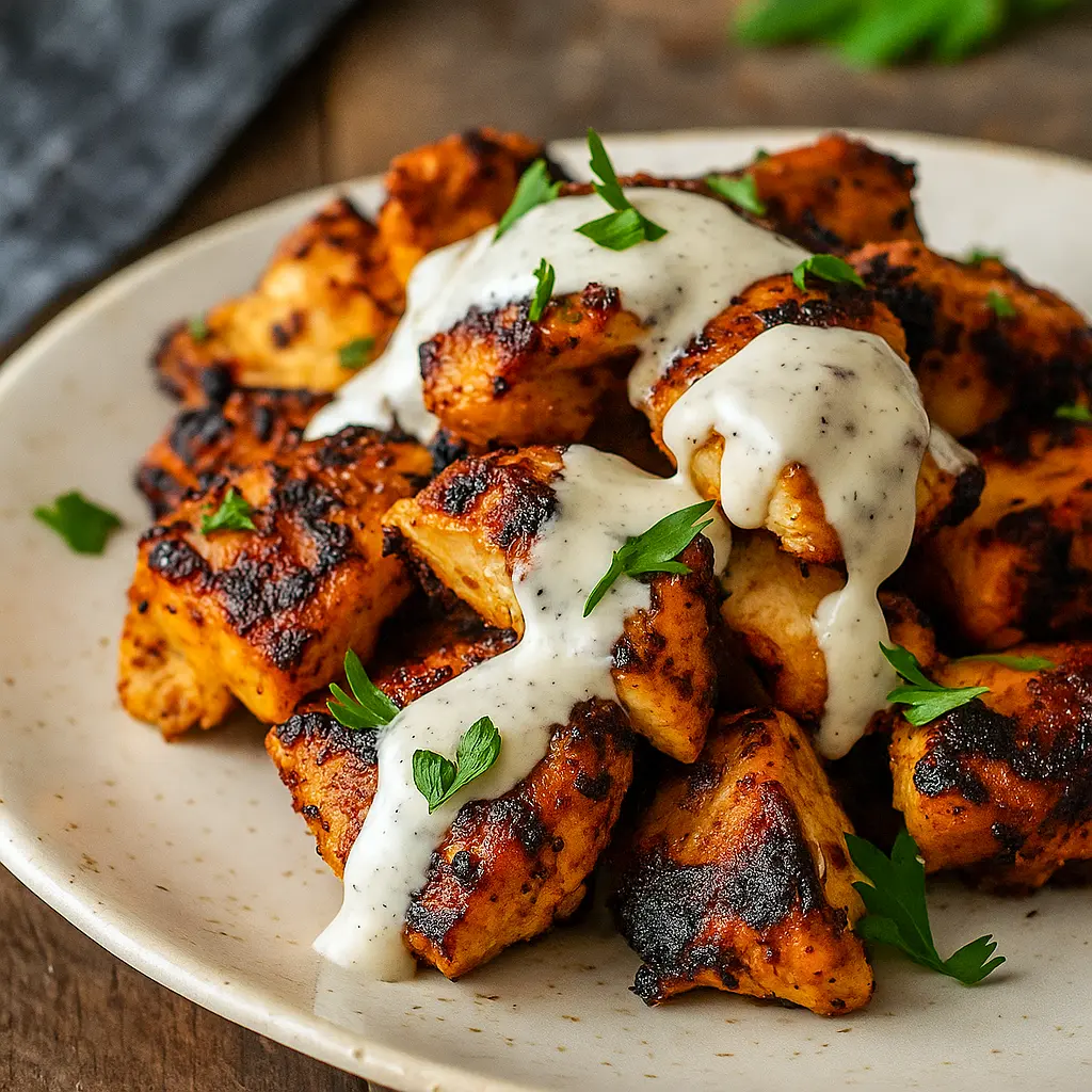 A plate of juicy Chicken Shawarma With Creamy Garlic sliced into strips, topped with a drizzle of creamy garlic sauce, and served with pita, fresh herbs, cucumbers, and tomatoes — a flavorful Protein Based Dinner and one of the best Grilled Chicken Shawarma Recipe ideas for easy weeknight meals.
