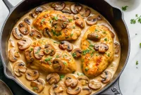 Golden brown chicken simmered in creamy mushroom wine sauce in a skillet – the perfect Chicken And Mushrooms In Wine Sauce Recipe for weeknights, fancy Dishes For Dinner Party, or special occasions.