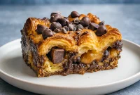 Golden, flaky chocolate croissant bake in a casserole dish dusted with powdered sugar—an easy Chocolate Breakfast Casserole that doubles as the Best Dessert For Brunch, perfect for Recipes For Brunch Party or Make And Take Breakfast Ideas.