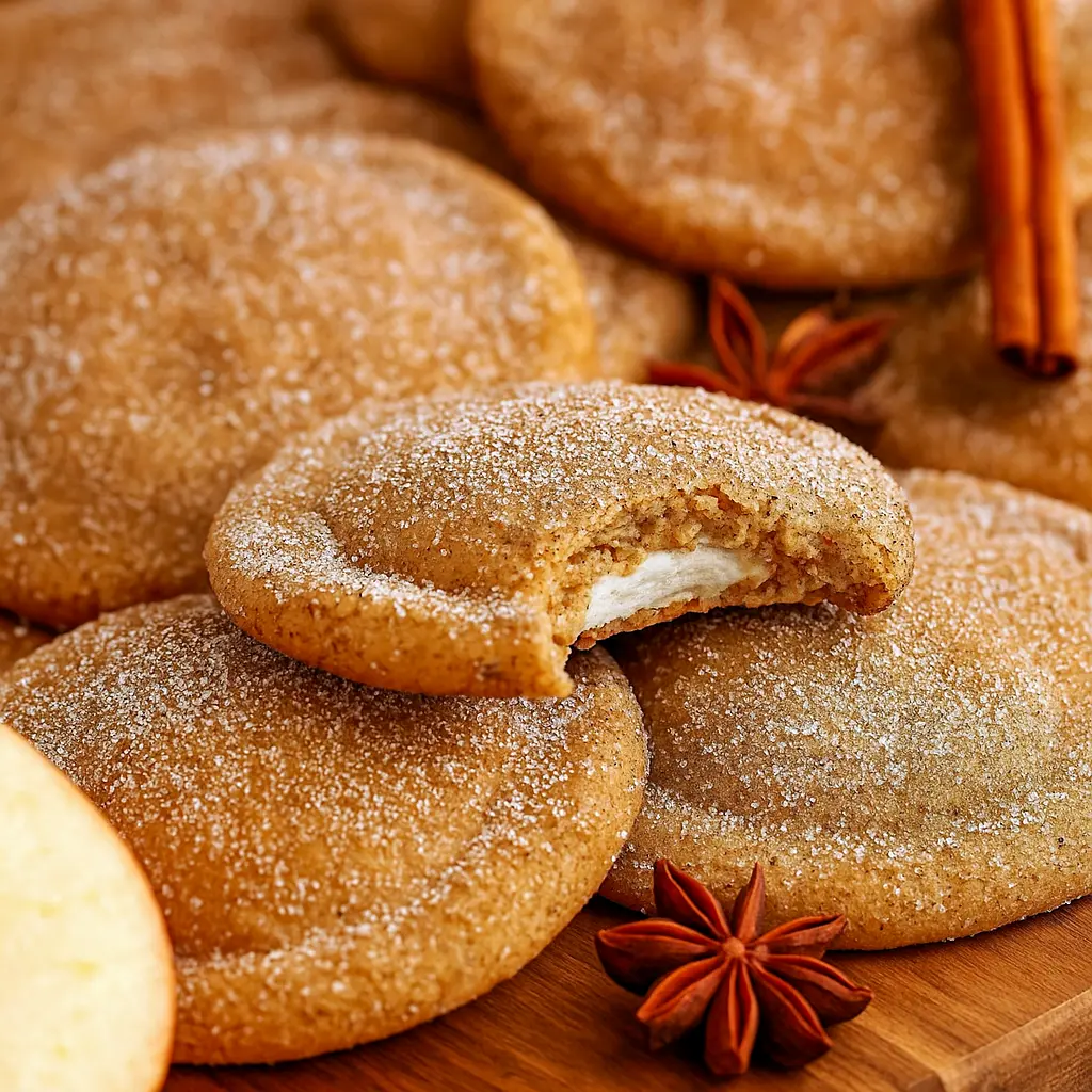 A batch of chewy Apple Cider Cheesecake Cookies filled with creamy cheesecake, brushed with butter, and dusted in spiced sugar — the ultimate Fall Festive Food and one of the Best Fall Cookie Recipes for cozy baking.