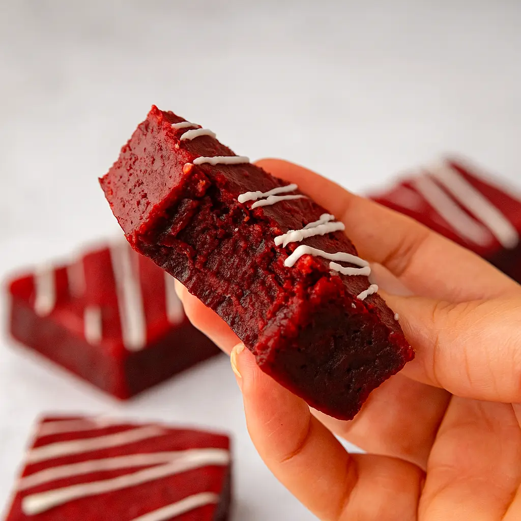 Stack of fudgy red velvet brownie squares with a crackly top, dusted with powdered sugar and drizzled with white chocolate — a cozy autumn treat.