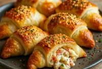 Golden brown Crab Filled Crescent Rolls on a parchment-lined tray, with creamy crab and cheese peeking out, sprinkled with fresh parsley – the perfect easy appetizer for parties and quick Crab Meals.