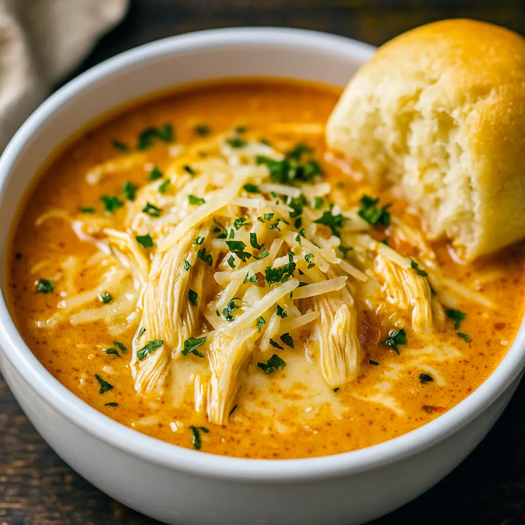 Bowl of creamy Parmesan chicken soup from Crock Soup Recipes, an Easy Chicken Soup Crockpot loaded with tender chicken, melted cheese, and herbs—perfect Crockpot Creamy Parmesan Soup, Creamy Parmesan Chicken Soup, Chicken Parm Soup Crockpot, Crockpot Creamy Chicken Parm Soup, Chicken Parmesan Soup Crockpot, Soup Crock Pot, and Creamy Parmesan Chicken Soup Crockpot.