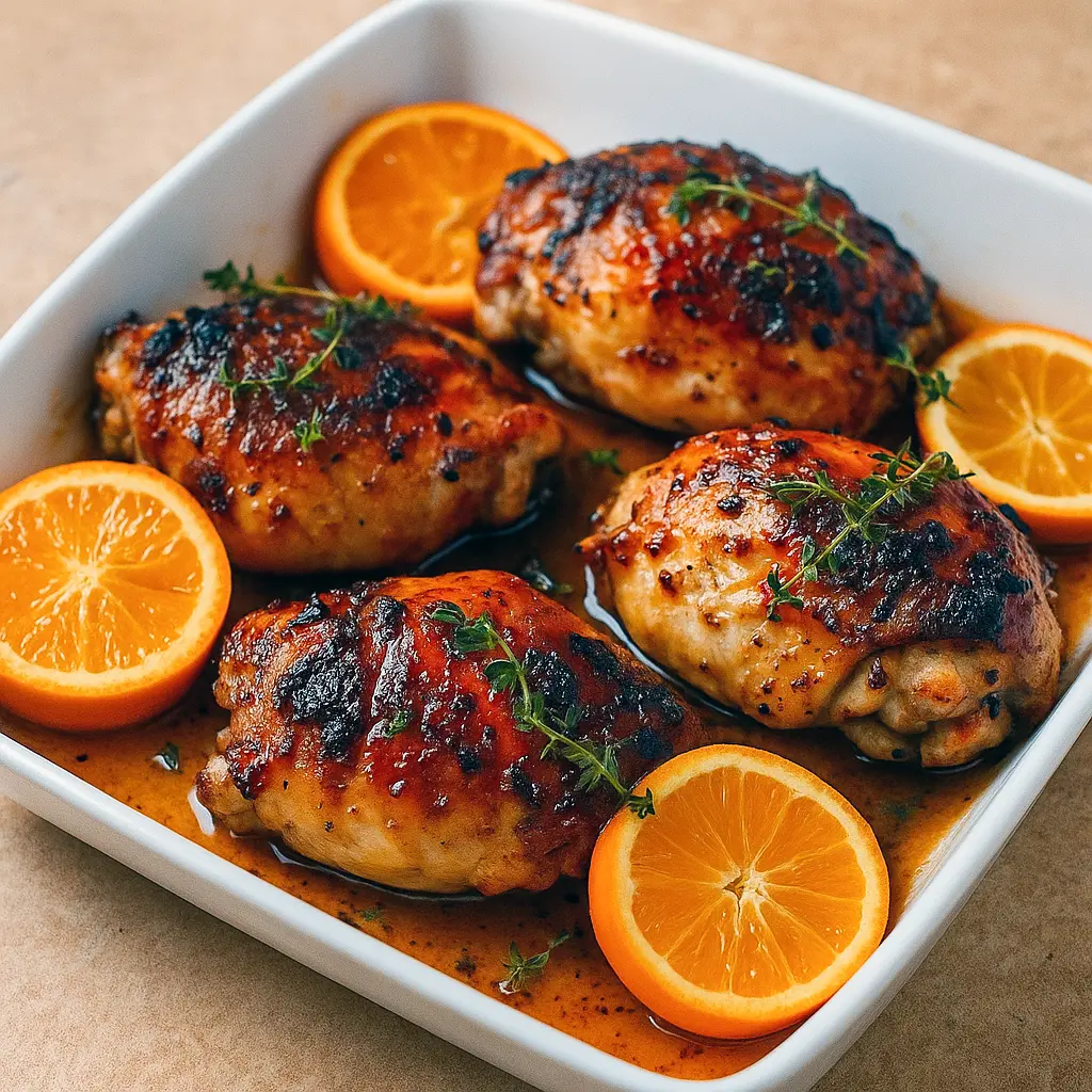 Whole roasted chicken glazed with orange sauce, garnished with orange slices and fresh herbs on a serving platter.