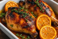 Whole roasted chicken glazed with orange sauce, garnished with orange slices and fresh herbs on a serving platter.