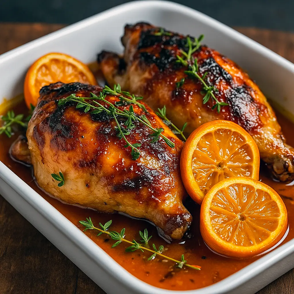 Whole roasted chicken glazed with orange sauce, garnished with orange slices and fresh herbs on a serving platter.