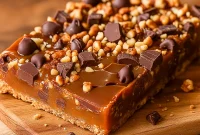 Delicious Caramel Chocolate Bars layered with Crispy Fudge, caramel, and chocolate, perfect as Chocolate Toffee Magic Layer Bars or Chocolate Cake Bars for dessert lovers.