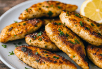 Easy Greek Chicken Tenders on a plate with lemon wedges and herbs, perfect for Fast Family Dinners Healthy, E2m Dinner Recipes, and White Meat Meals. A flavorful Recipe Chicken Tenderloins and tasty Meal With Chicken Tenders option that works for Stovetop Chicken Tenderloins, a one-pan Chicken Tenders Skillet, or a fresh Light Dinner Menu with an Inspired Taste twist.