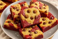 Close-up of a warm red-velvet brookie with a fudgy red center and chewy chocolate-chip cookie layer, sliced and sprinkled with flaky sea salt.