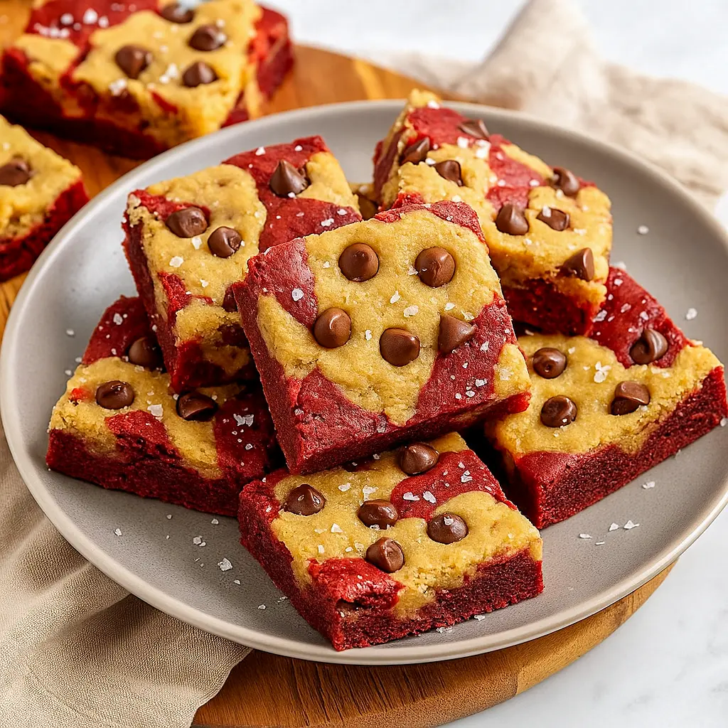 Close-up of a warm red-velvet brookie with a fudgy red center and chewy chocolate-chip cookie layer, sliced and sprinkled with flaky sea salt.
