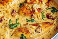 Golden seared Tuscan Chicken Breast smothered in a creamy Parmesan sauce with spinach and sun-dried tomatoes, perfect for Weekly Recipe Ideas or Healthy Saucy Chicken Recipes when you need quick comfort food.