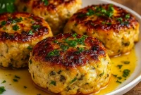 Sliced garlic Parmesan chicken meatloaf on a plate, garnished with chopped parsley, served alongside mashed potatoes and roasted green beans.