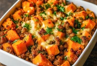 Baked casserole of diced sweet potatoes, seasoned ground turkey and melted cheese — Turkey And Sweet Potato Bake, a top Sweet Potato Recipes pick.