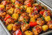 Overhead view of a colorful Hawaiian Chicken And Veggies dish with pineapple, peppers, and onions on a sheet pan — the perfect choice for Amazing Family Dinners and quick Hawain Chicken Sheet Pan meals. A vibrant Hawaiian Sheet Pan Dinner that works as a weeknight Hawaiian Chicken Bake, ideal for One Tray Meals and Natural Dinner Recipes. Great for easy Sheet Tray Dinners and simple Meals For 3.