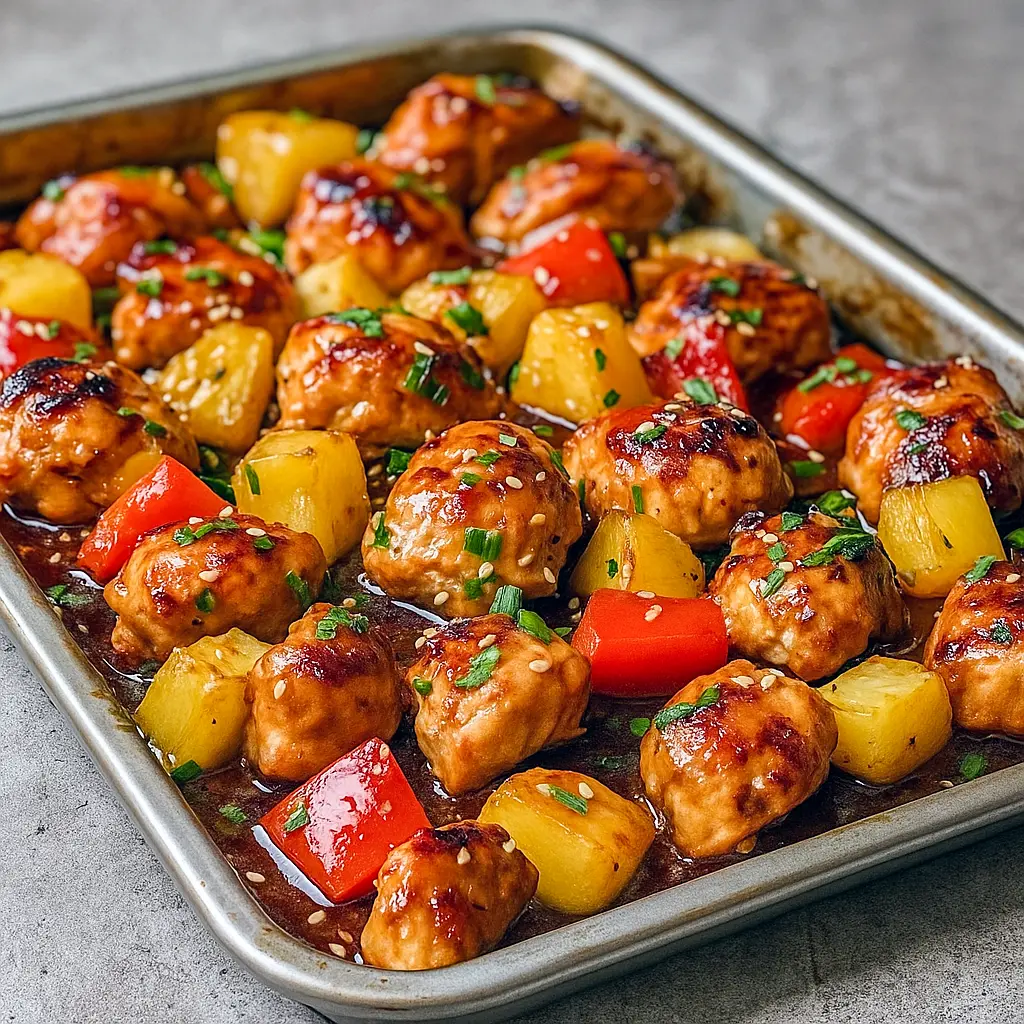 Overhead view of a colorful Hawaiian Chicken And Veggies dish with pineapple, peppers, and onions on a sheet pan — the perfect choice for Amazing Family Dinners and quick Hawain Chicken Sheet Pan meals. A vibrant Hawaiian Sheet Pan Dinner that works as a weeknight Hawaiian Chicken Bake, ideal for One Tray Meals and Natural Dinner Recipes. Great for easy Sheet Tray Dinners and simple Meals For 3.