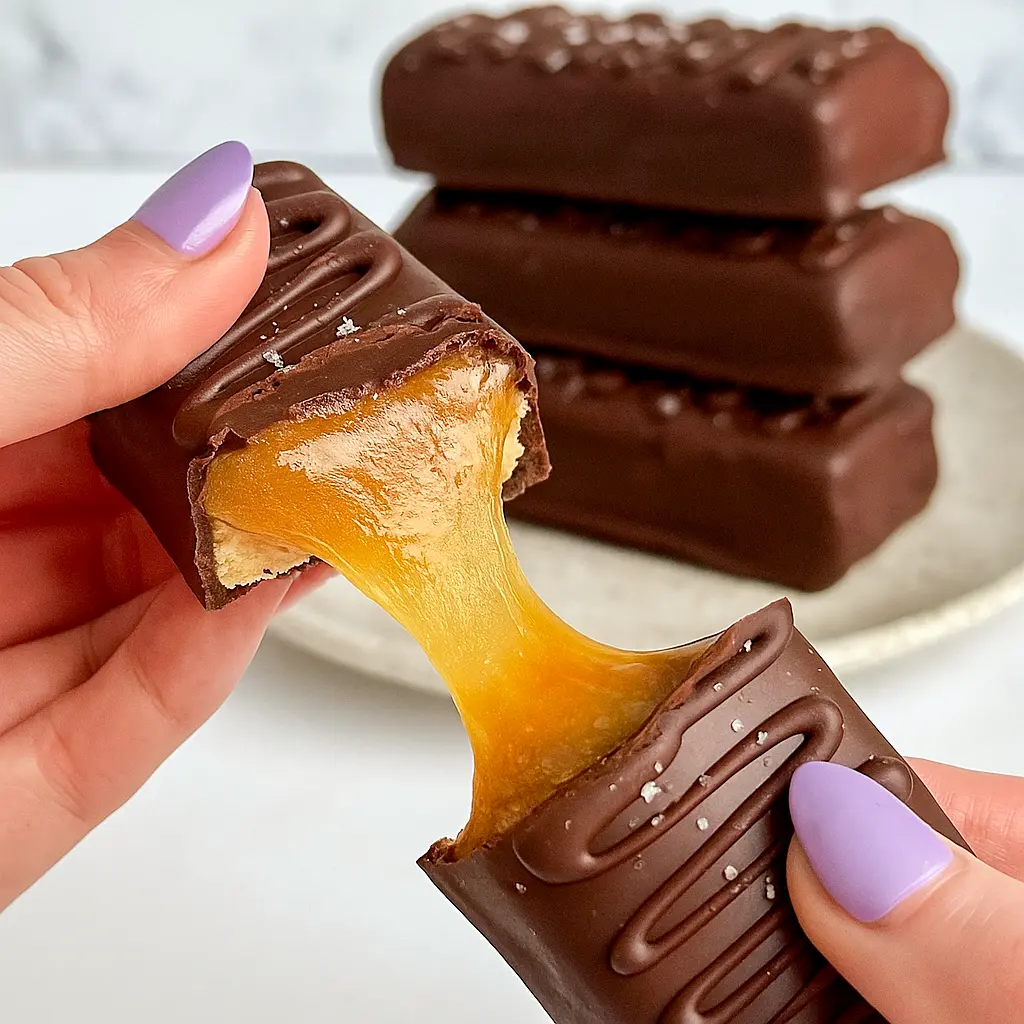 Close-up of gluten-free protein Twix bars: almond shortbread base, gooey nut-butter caramel, and glossy dark chocolate coating with a sprinkle of sea salt.