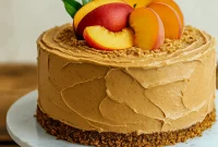 A slice of Homemade Peach Cake with creamy Fun Buttercream Cakes frosting, perfect for Diy Cake Flavors, Really Pretty Cakes, and Desserts With Icing. Great for Dinner Party Cake Ideas, Easy Beautiful Birthday Cakes, Powdered Sugar Cake, and other Peach Cake Ideas.