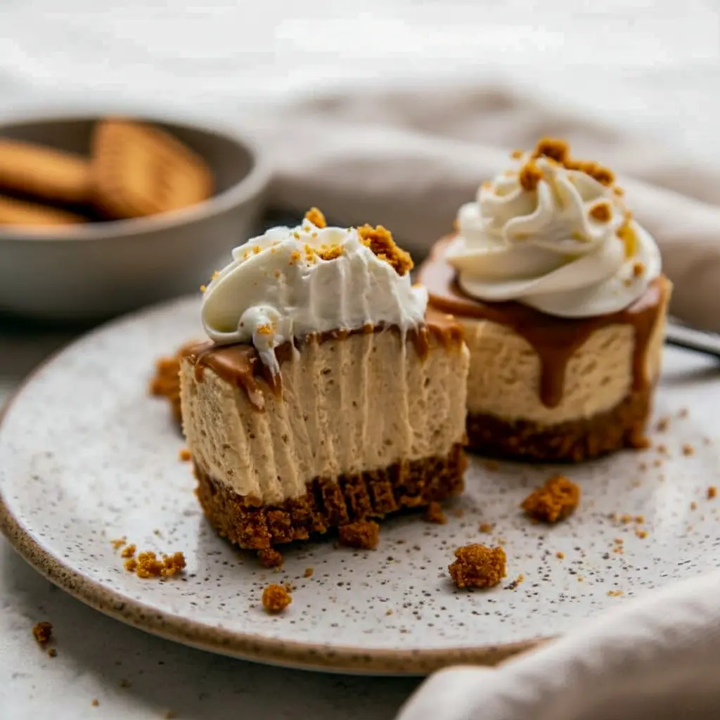 Close-up of creamy mini Biscoff cheesecakes with whipped cream and cookie topping, showcasing Mini Desserts No Bake, rich Biscoff filling, and buttery crust for a perfect no-bake treat.