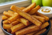 Golden, crispy Air Fryer Apple Fries served with caramel dip—perfect Kids Dinner Ideas Easy Picky Eaters, Baking Recipes For Parties, Random Snacks To Make, Fruit Snack Ideas For School, Diner Recipes Easy, Recipes To Try With Friends, Simple Snack Ideas Easy Recipes, Bake Good Ideas, and Air Fryer Party Snacks.